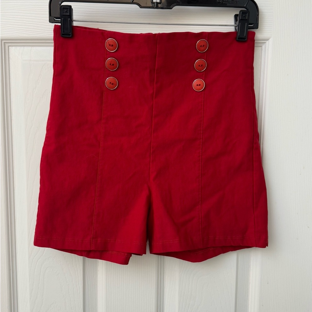 Red Women's High-Waisted Button Shorts